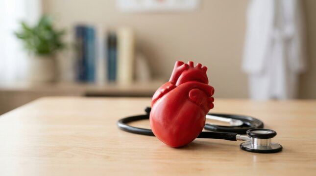 Anatomical heart model and stethoscope on a wooden table in a medical office