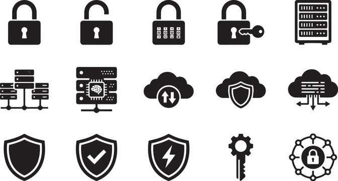 Cybersecurity and Cloud Systems Vector Icon Set - 15 Black Silhouettes