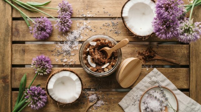 Homemade brown sugar and coconut body scrub in a glass jar with lavender flowers and coconut halves on a rustic wooden table