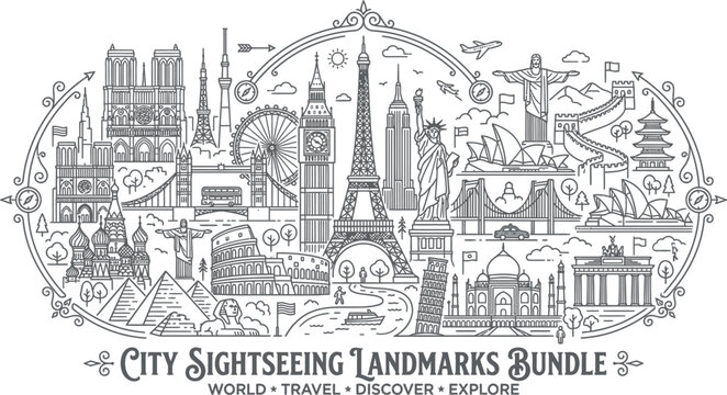 City Sightseeing Landmarks Bundle, World Travel Discover Explore Vector Illustration, Famous Global Monuments Outline Icons Set, International Tourism Concept