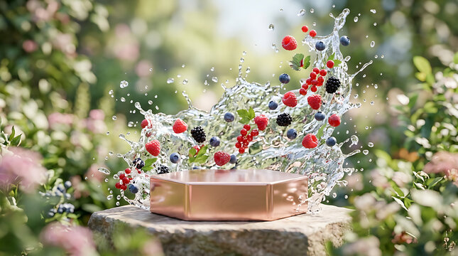empty rose gold podium with berries bursting with splash of water in blurred vison around, beauty template mockup , 3d render