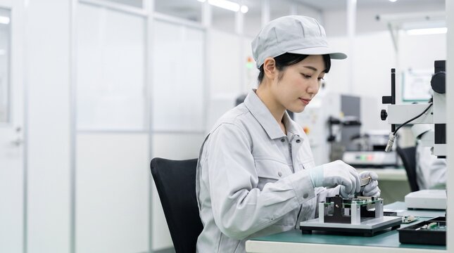 電子機器製造の設備内で電子基板組立と精密組立を担当する日本人女性の製造技術者