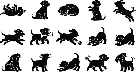 Fototapeta premium A collection of black silhouettes featuring various playful puppies in different poses and activities on white background