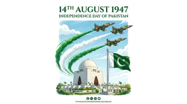 Independence day of pakistan illustration with mazarequaid, fighter jets, and pakistani flag, isolated on white background