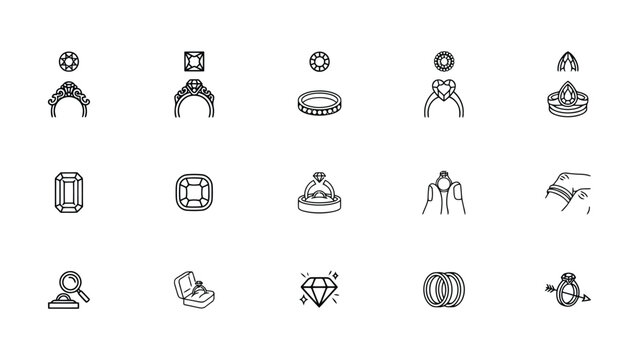 Collection of elegant minimal line art jewelry and gemstone icons with transparent backgrounds for various design projects