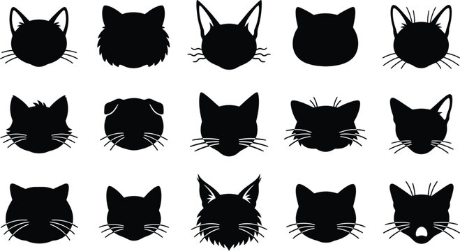 Set of fifteen different black cat head silhouettes isolated on a white background for design projects