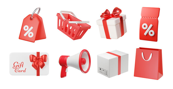 3D shopping and sale icon set with discount tag, basket, gift box, coupon, gift card, megaphone, delivery package and paper bag isolated on background. Promotion collection for Christmas, ecommerce, a