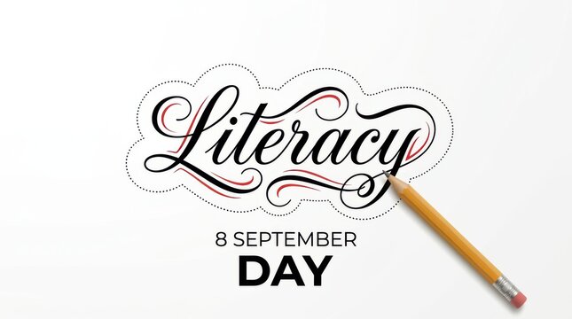 International literacy day banner with handwritten text literacy, pencil and date 8 september isolated on white background