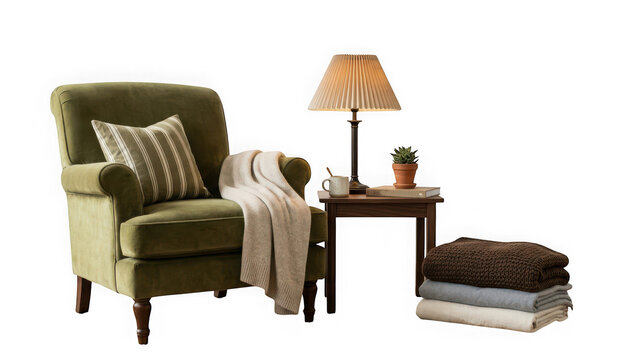 Cozy green armchair with a striped pillow, a throw blanket, a side table with a lamp, and a stack of blankets isolated on transparent background
