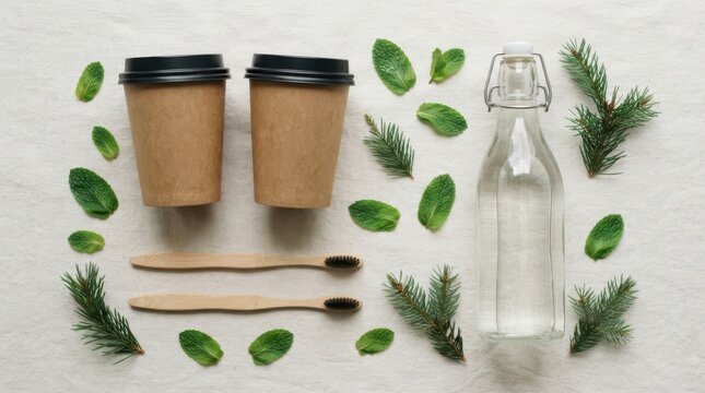 Ecofriendly lifestyle items with paper cups and bamboo toothbrushes