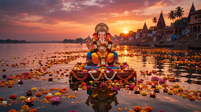 Ganesha idol floating on river with oil lamps and sunset background