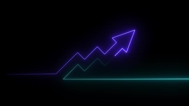 Abstract neon arrow business graph chart icon animation background. Market Recovery Concept. Successful growth trend Green line graph going Up. 4k video