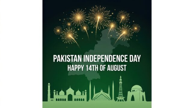 Pakistan independence day greeting banner with fireworks, country map silhouette, and national landmark skyline