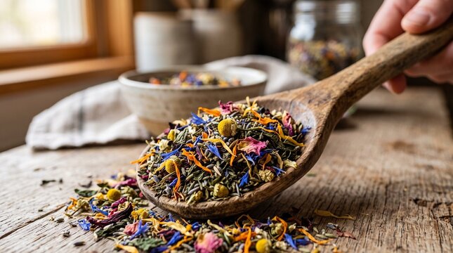 Loose leaf herbal tea blend with chamomile and flower petals in a wooden spoon for organic wellness beverage