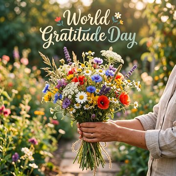 A close-up view of a person holding a vibrant, hand-picked wildflower bouquet in a sunlit garden, with elegant cursive text above that reads World Gratitude Day, capturing a peaceful, nature-inspired