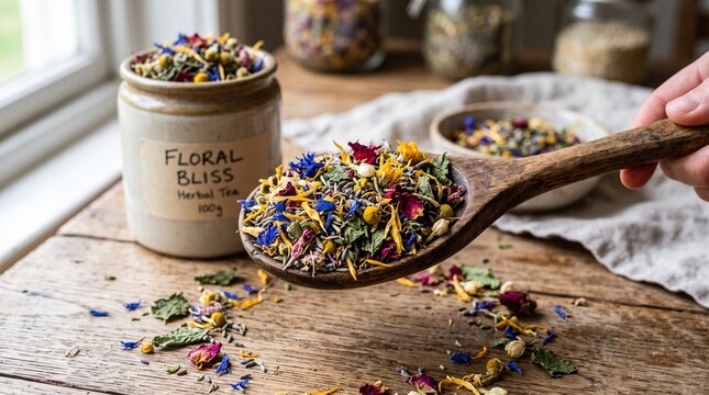 Herbal tea blend with colorful flower petals on a wooden spoon for wellness and healthy lifestyle advertisement