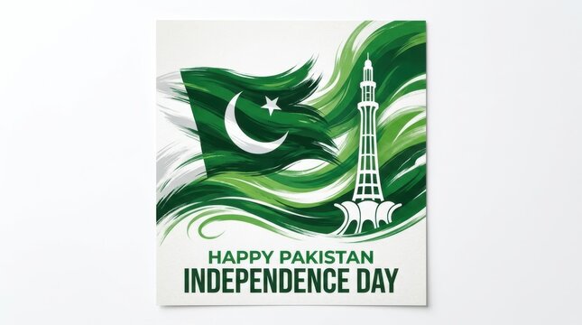 Happy pakistan independence day brush stroke flag and minarepakistan illustration