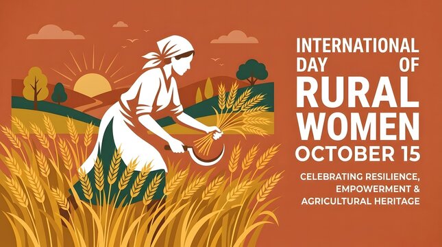 A stylized illustration celebrating the International Day of Rural Women with a farmer harvesting wheat
