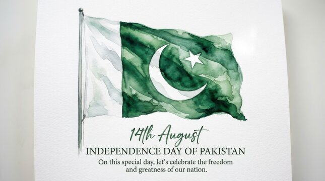 14th august independence day of pakistan watercolor flag illustration with celebratory text on a white background