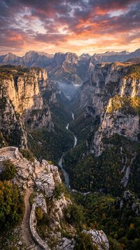 Breathtaking aerial view of the deep Vikos Gorge in Epirus, Greece, featuring massive sheer limestone cliffs, a winding river below, and a vibrant golden sunset sky over the Pindus Mountains.