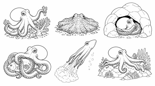Set of octopus illustrations, various poses and underwater scenes