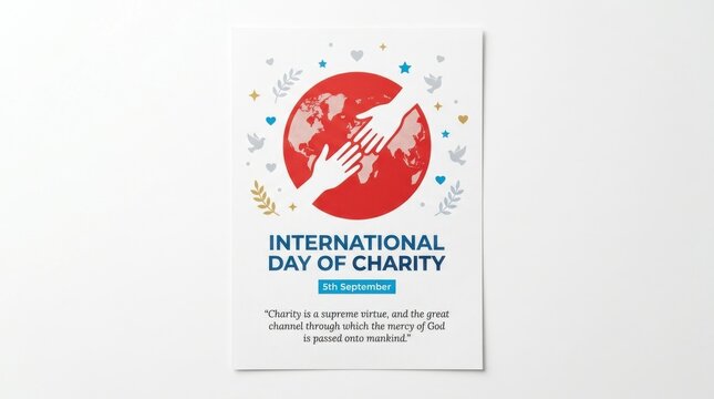 International day of charity card with hands reaching over a globe, surrounded by doves, hearts, and stars, isolated on white background