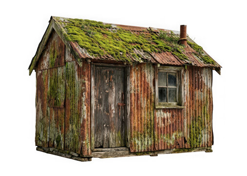 Old rustic shed made of corrugated metal with moss on the roof isolated on transparent background