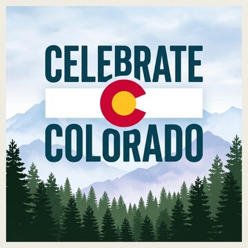 A graphic design featuring the text Celebrate Colorado with the official state flag symbol centered over a scenic background of misty blue mountains and a dense evergreen forest silhouette.