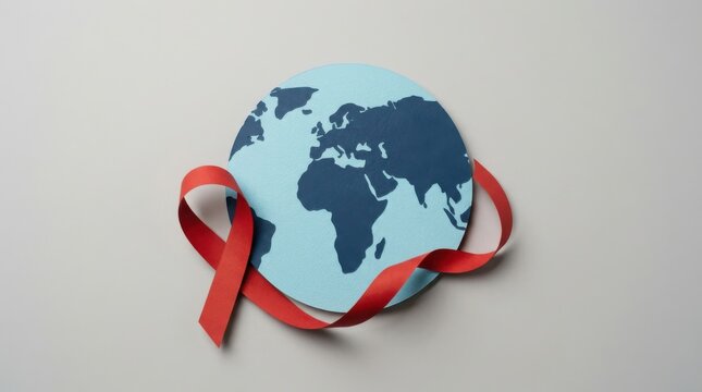 Global aids awareness concept with red ribbon wrapped around a paper world map on a grey background, symbolizing support and solidarity