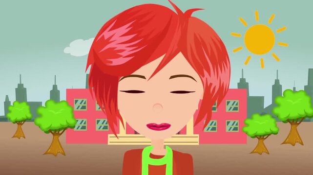 2D animation close up face portrait of a red-haired woman with a sunny town skyline and bright sun background