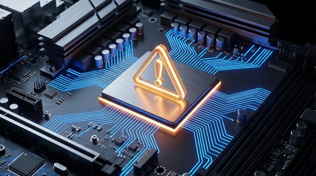 Golden hazard warning symbol on central processor unit of computer motherboard representing critical system error or hardware malfunction 3d render