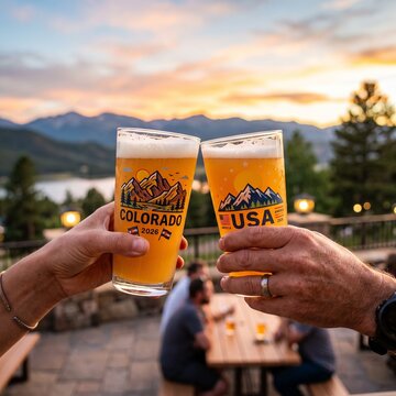 Two people holding glasses of craft beer labeled Colorado and USA in a celebratory toast with a scenic sunset over Rocky Mountain peaks and a lake in the background at an outdoor patio brewery.