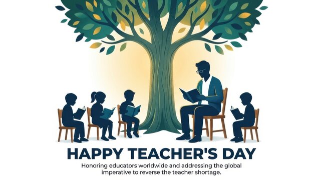 Happy teachers day illustration with a teacher reading to children under a tree, honoring educators and addressing teacher shortage