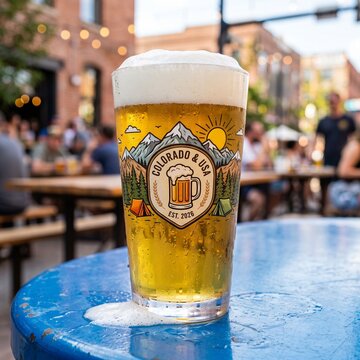 A refreshing pint of golden craft beer with a thick white foam head, served in a branded glass featuring a mountain landscape graphic, sitting on a blue outdoor table at a busy brewery patio.