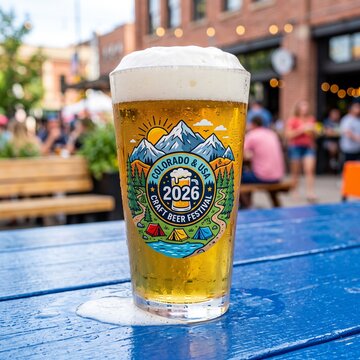 A refreshing glass of golden beer served in a pint glass featuring a colorful Colorado & USA 2026 Craft Beer Festival logo, placed on a bright blue outdoor table at a lively summer event.