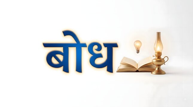 Wisdom concept with bodha hindi text and glowing lightbulb over open book on white surface.