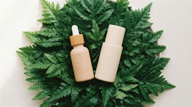 Two cosmetic bottles with dropper and pump on a bed of green fern leaves