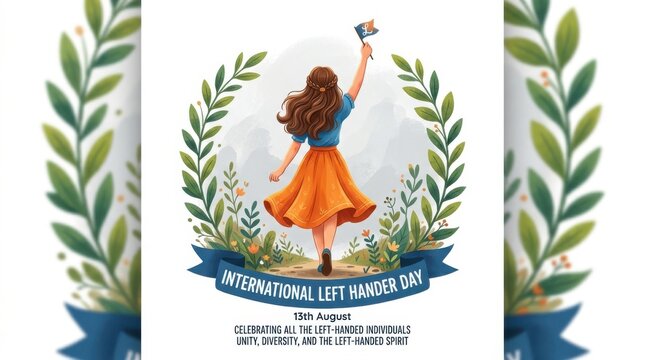 International left handers day illustration with a girl holding a flag, surrounded by a laurel wreath, isolated on white background
