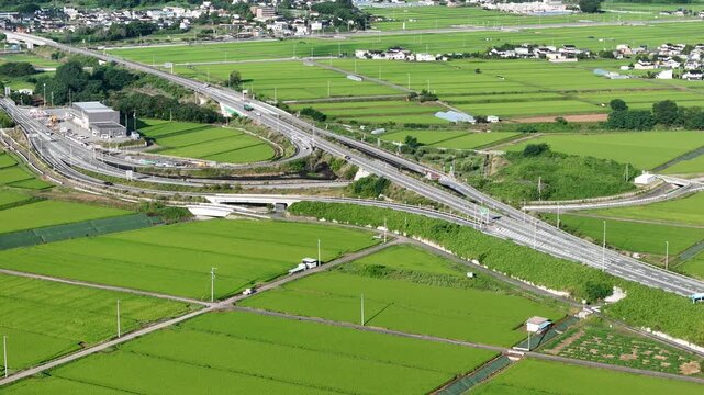 Aerial view of green rice fields. Roads and railways intersect the landscape. Villages dot the horizon. No people or animals are visible. Ideal for rural transport or agricultural themes