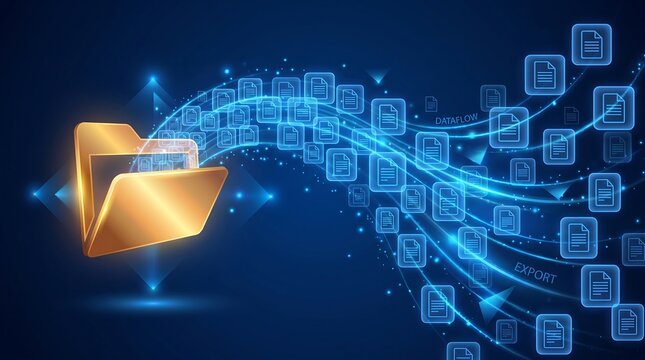 Digital data flow and export visualization featuring a golden folder icon releasing document icons into a high speed network stream on a dark blue tech background for enterprise IT