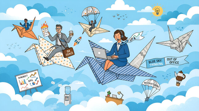 Business people riding origami cranes in the sky with blue sky thinking banners and office items like whiteboards and briefcases illustrating corporate creativity and remote work concepts