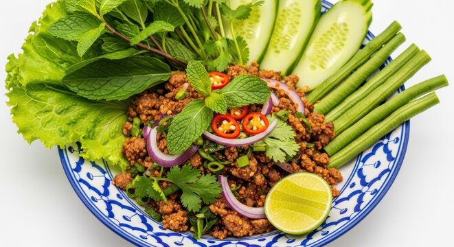 Authentic Thai Larb Moo Spicy Minced Pork Salad with Fresh Vegetables.