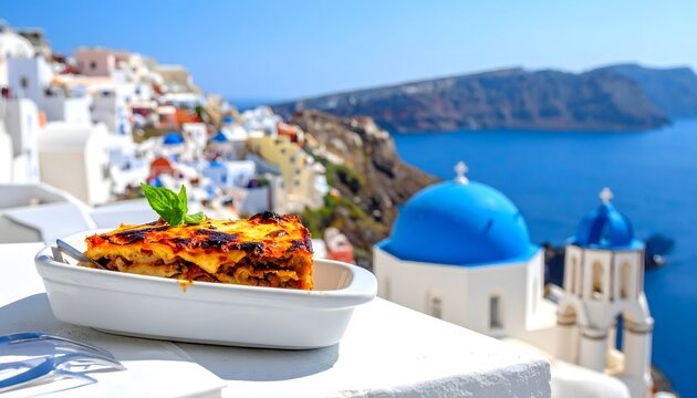 Plato de comida mediterr&aacute;nea en una terraza con vistas a casas blancas, c&uacute;pula azul y mar en Santorini, Grecia