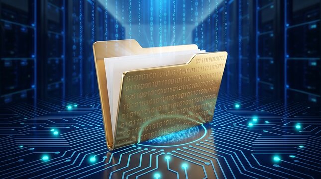 Golden open folder with binary code document inside on dark blue circuit board background symbolizing high-value secure data management and digital information storage