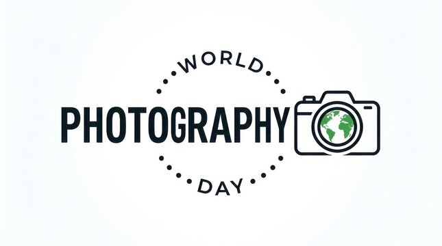 World photography day logo design with a camera icon featuring a globe lens isolated on white background