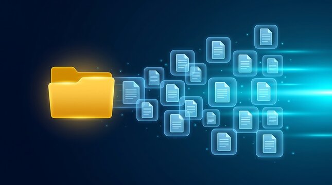 Yellow folder icon emitting a stream of multiple glowing blue document icons on dark background representing data transfer and digital file management processes