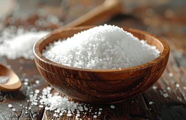 Cuenco de madera lleno de sal gruesa blanca con cuchara de madera y cristales dispersos sobre una mesa rústica © EBG Stock Studio