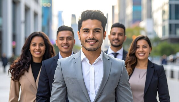 Grupo diverso de profesionales caminando juntos por una zona urbana moderna con vestimenta formal