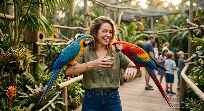 Woman feeding two colorful macaw parrots in tropical zoo park. Happy female visitor interacting with exotic birds during summer vacation. Wildlife conservation and animal encounter.