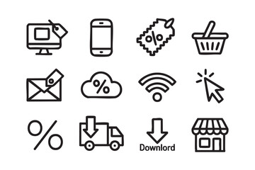 Fototapeta premium Ecommerce Retail Interface Line Icons Set with Shopping Basket Mobile App and Discount Symbols